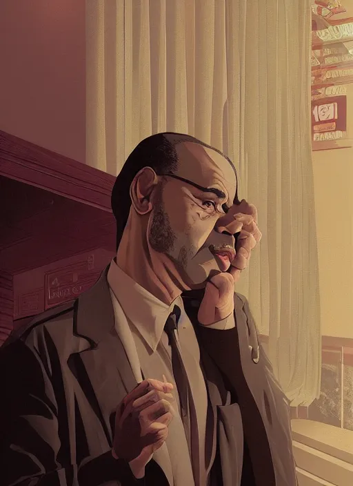 Prompt: Twin Peaks poster artwork by Michael Whelan and Tomer Hanuka, Rendering of portrait of Jeffrey Wright, full of details, by Makoto Shinkai and thomas kinkade, Matte painting, trending on artstation and unreal engine