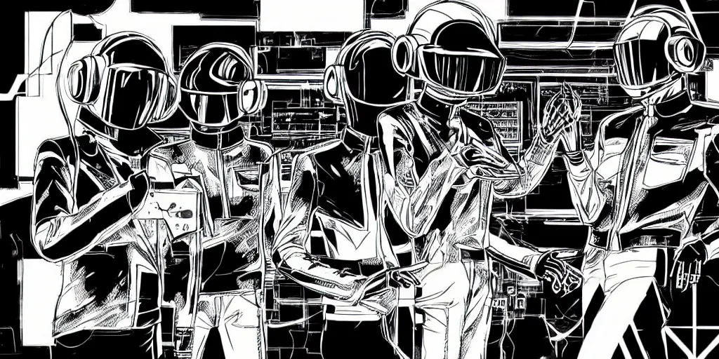 Image similar to detailed manga artwork of 2 Daft Punk robot rock using Apple notebook Macbook at an underground warehouse rave in Ibiza, playing techno house music, thousands of beautiful girls in bikini dancing, in the style of manga illustration, wires, speakers, trending on artstation