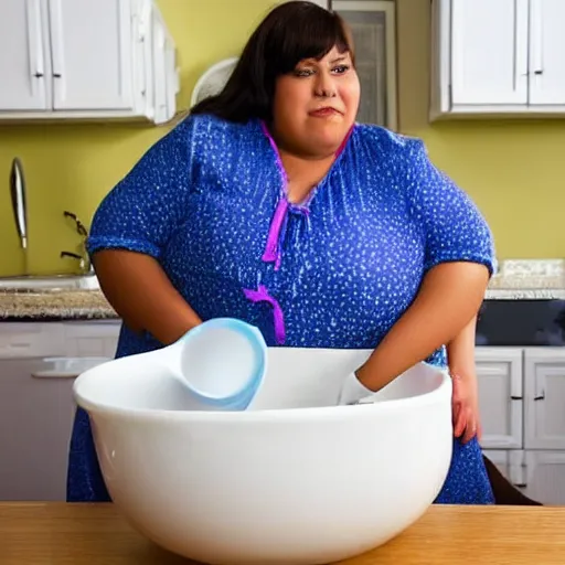 Prompt: a very obese woman doing the dishes, text your mom