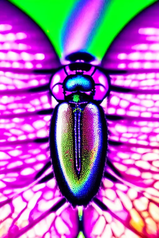 Image similar to high quality macro photo iridescent art nouveau fly! jeweled gorgeous! highly detailed digital art david ligare elson peter cinematic purple neon lighting high quality low angle hd 8k sharp shallow depth of field