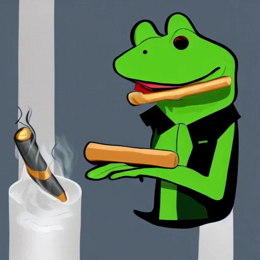 Image similar to a frog 🐸 wearing a suit smoking a cigar