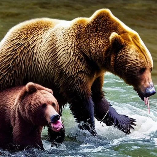 Image similar to a fish eating a grizzly bear in a river, ultra realistic, 4K, high definition, award winning, national geographic