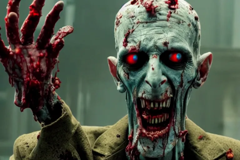 Image similar to film still of zombie zombie Ebony Maw as a zombie in new avengers movie, 4k