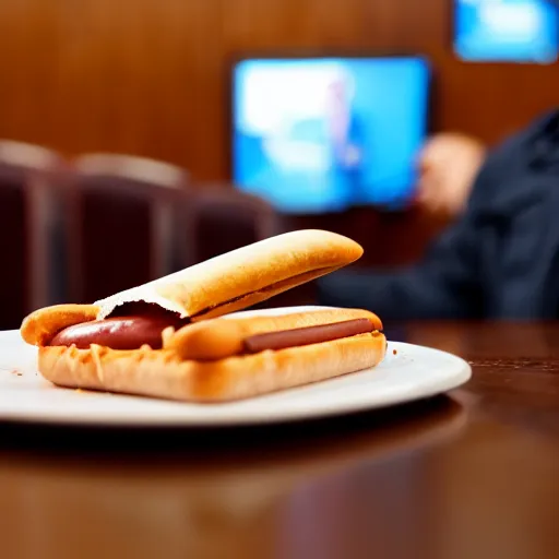 Image similar to gopro footage of a man made out of hotdogs eating a slice of pizza in a court room, iso 2 0 0, depth of field, cinematic, volumetric lighting