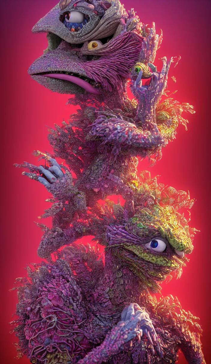 Image similar to hyper detailed 3d render like a Oil painting - kawaii portrait of two Aurora (a beautiful skeksis muppet fae queen protector heroine from dark crystal that looks like Anya Taylor-Joy) seen red carpet photoshoot in UVIVF posing in scaly dress to Eat of the Strangling network of yellowcake aerochrome and milky Fruit and His delicate Hands hold of gossamer polyp blossoms bring iridescent fungal flowers whose spores black the foolish stars by Jacek Yerka, Ilya Kuvshinov, Mariusz Lewandowski, Houdini algorithmic generative render, Abstract brush strokes, Masterpiece, Edward Hopper and James Gilleard, Zdzislaw Beksinski, Mark Ryden, Wolfgang Lettl, hints of Yayoi Kasuma and Dr. Seuss, octane render, 8k