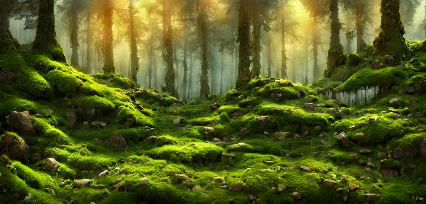 Prompt: random forest landscape, moss, incredible, vector art, octane render, fabulous, hyper detailed, random cinematic view, no noise, global illumination, warm lighting, volumetric, godrays, vivid, beautiful, by jordan grimmer