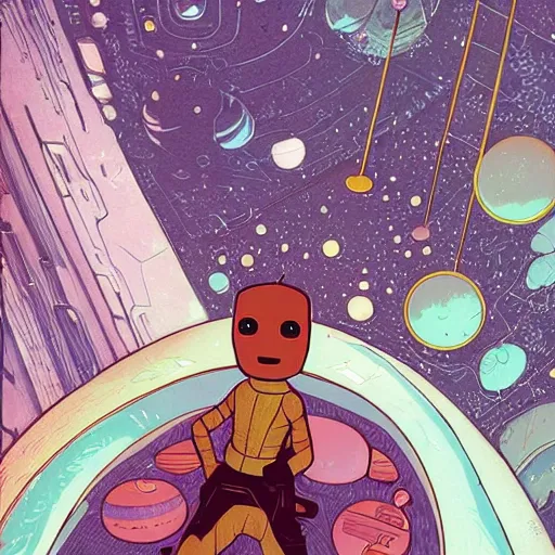 Image similar to baby groot lies flat in bed the space ship, by victo ngai