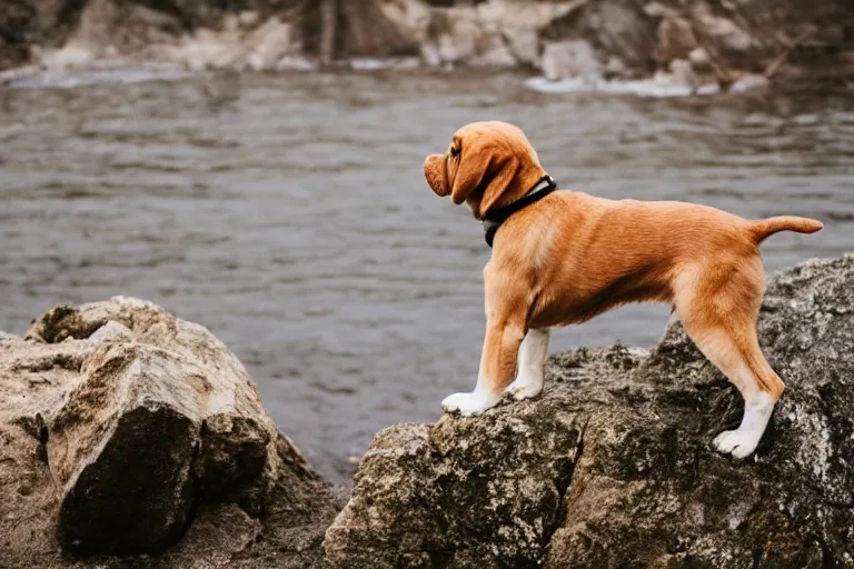 Image similar to an afraid puppy that is looking directly down at the water below while standing at an edge