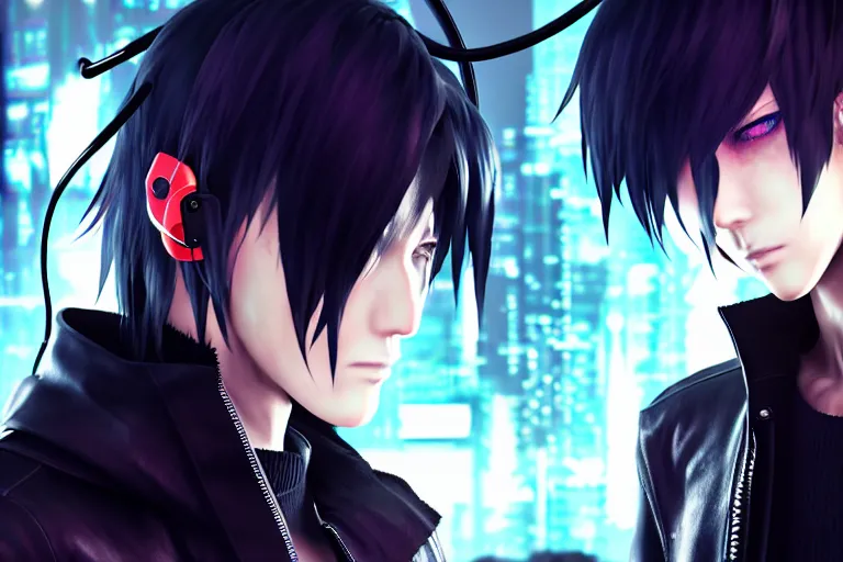 Image similar to Noctis with headphones is looking at a rainy window in the style of a code vein character creation, cyberpunk art by Yuumei, cg society contest winner, rayonism light effects and bokeh, daz3d, vaporwave, deviantart hd