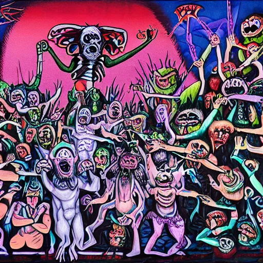 Image similar to mural of demons in rave party in hell by Chor Boogie