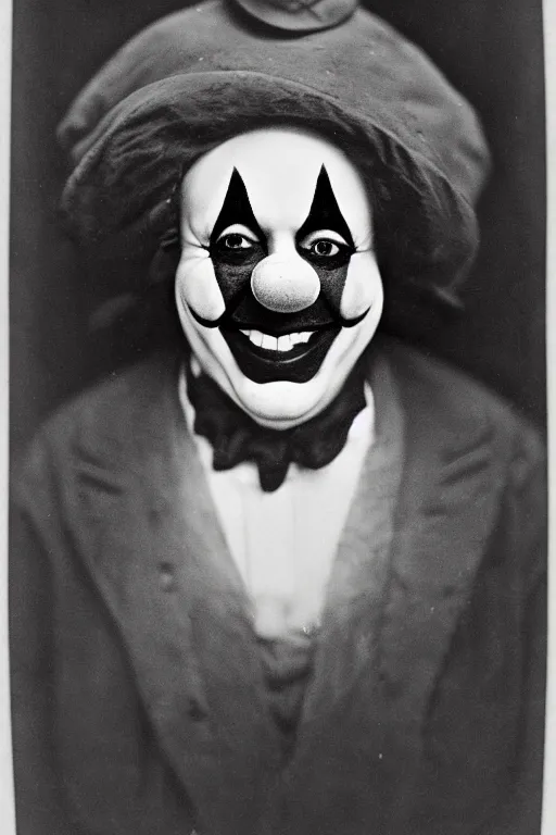 Image similar to old realistic photo of face of a clown, photograph, early 1 9 0 0's, black and whitehighly detailed, matte, sharp focus, smooth, sharp focus, illustration