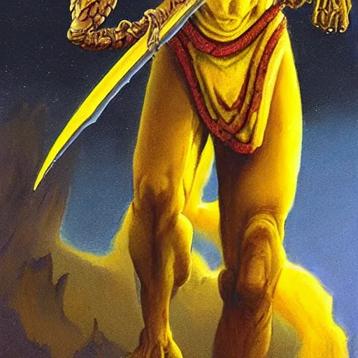 Image similar to ( ( ( half length portrait of yellow - skinned alien githyanki warrior holding a magical silver sword, in the astral plane ) ) ), d & d, fantasy, medieval, greg rutkowski, frank frazetta, alexandre chaudret, boris vallejo, michael whelan, miro petrov, hr giger, magali villeneuve, donato giancola