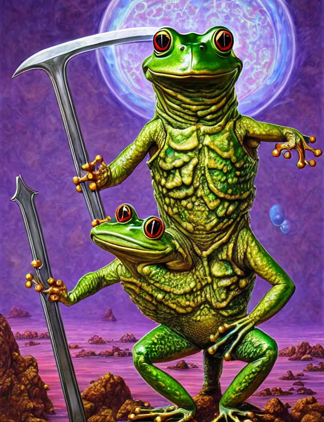 Image similar to anthropomorphic bipedal frog that is wearing full steel plate armor, and holding a colossal sword in his hand, as a matte oil painting and d & d character art, by alex grey, standing, fullbody, floating bubbles, psychedelic, award - winning, extremely detailed, sharp focus