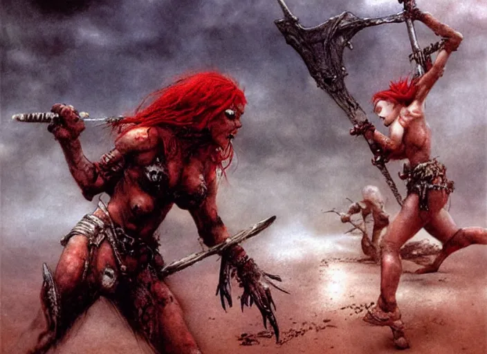 Prompt: redhead barbarian girl fighting small cute goblins by Luis Royo and Beksinski