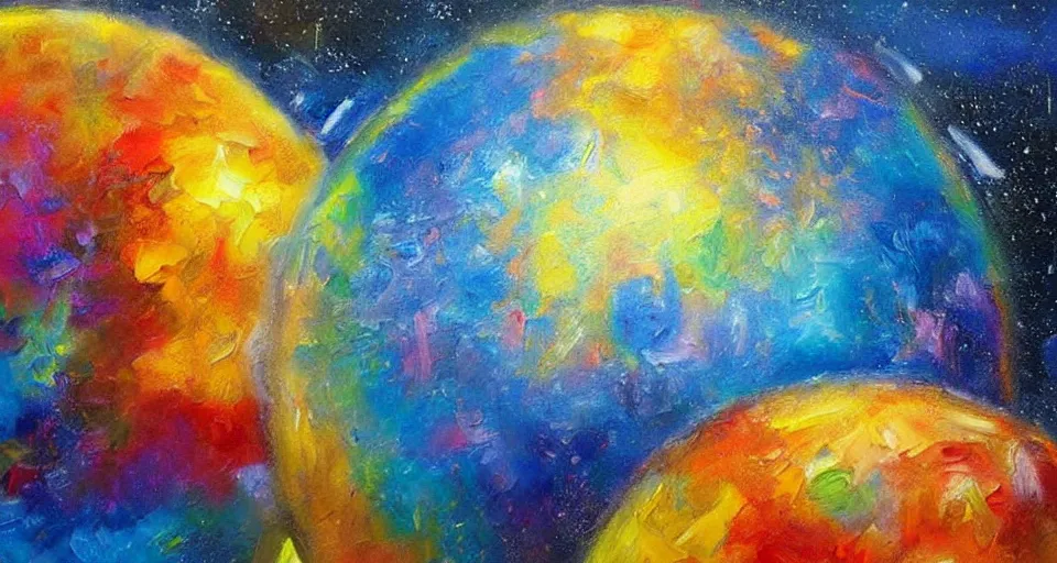 Image similar to award - winning realistic oil painting of a large planet made of colourful gas, colourful bright stars