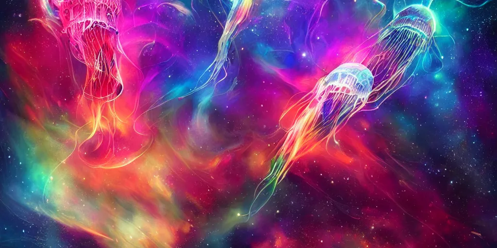 Image similar to Beautiful multi colored jellyfish in space, nebula, gorgeous, amazing, elegant, intricate, highly detailed, digital painting, artstation, concept art, sharp focus, illustration, art by Ross tran