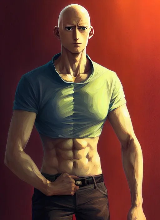 Image similar to handsome saitama, half body shot, path traced, fightهing, highly detailed, high quality, digital painting, alena aenami, lilia alvarado, shinji aramaki, karol bak, alphonse mucha, tom bagshaw