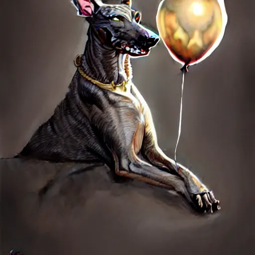 Image similar to a dark brindle greyhound with a grey face is laying down with a happy anniversary balloon floating above him, d & d, fantasy, intricate, elegant, highly detailed, digital painting, artstation, concept art, matte, sharp focus, illustration, hearthstone, art by artgerm and greg rutkowski and alphonse mucha