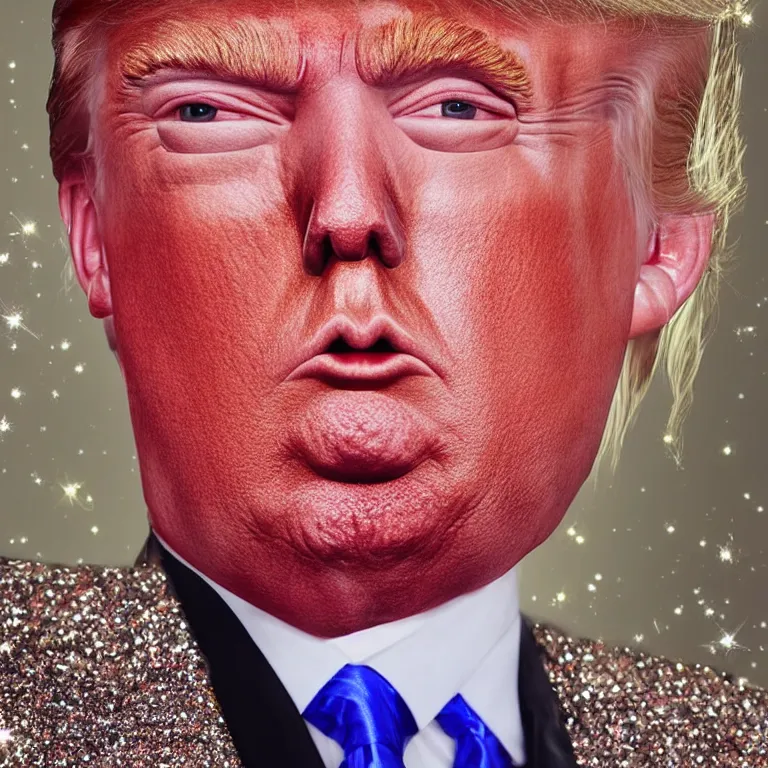 Prompt: donald trump dressed in ladies glitter suit, in nightlife, beautiful, photorealistic, hyperrealistic, highly detailed, close - up, high resolution, 4 k