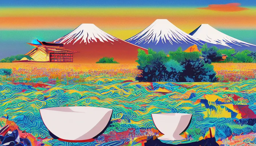 Prompt: award winning graphic design poster, cutouts constructing an contemporary art depicting a lone mount fuji in the distance behind a mountain range isolated on white, a ramen bowl full of rural splendor, bountiful crafts, local foods, edgy and eccentric abstract cubist realism, composition confined and isolated on white, mixed media painting by Leslie David and Lisa Frank for juxtapose magazine