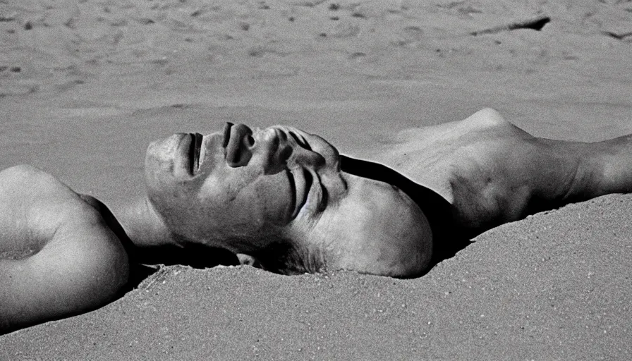 Image similar to 1 9 6 0 s movie still close up of marcus atilius regulus eyelids riped off bloody eyes looking directly at the sun his body buried in the sand, cinestill 8 0 0 t 3 5 mm b & w, high quality, heavy grain, high detail, texture, dramatic light, anamorphic, hyperrealistic, detailed hair