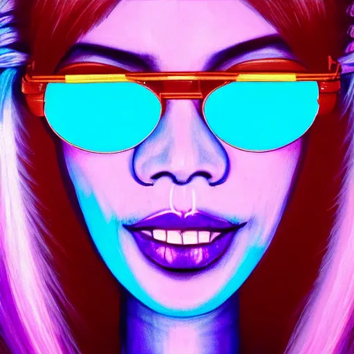 Prompt: closeup painting of a very beautiful young mexican cyberpunk woman with a smile, light blue neon shutter glasses on her face, and a purple coloured leather jacket, one side haircut, long brown hair with light blue ends, portrait, hyperdetailed, cgsociety, synthwave by tangerine dream, by jean - michel jarre, by vangelis, by john carpenter