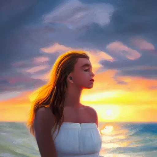 Image similar to an influencer girl portrait, sunset, ocean in distance, oil painting, pale colors, high detail, 8 k, wide angle, trending on artstation,