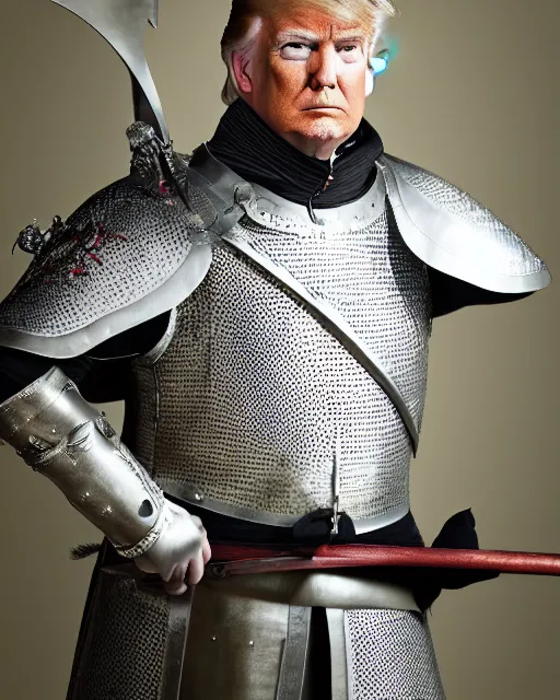 Image similar to a photo of donald trump dressed as a medieval knight. he's holding a longsword. medium shot portrait. dslr photography