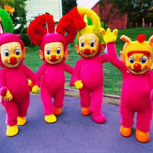 Image similar to teletubbies dressed as clowns