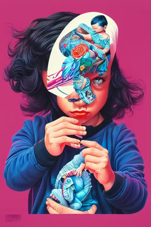 Image similar to a baby in a jeans pocket, tristan eaton, victo ngai, artgerm, rhads, ross draws