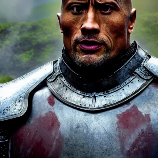 Dwayne 'the rock' johnson in knight armor raising eyebrow