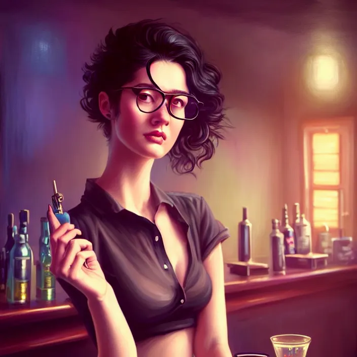 Prompt: a young sophisticated beautiful barmaid, dimly lit dive bar, hip modern vibe, relaxed pose, wavy short black hair and glasses, wild, highly detailed, digital painting, artstation, sharp focus, illustration, detailed painterly digital art style by ross tran and ramond swanland and liam wong + perfect facial symmetry + dim volumetric lighting, vibrant deep colors, 🍸, 8k octane beautifully detailed render, post-processing, extremely hyperdetailed, epic composition, grim yet sparkling atmosphere, cinematic lighting + masterpiece, Art Nouveau, unreal engine, hyperrealistic, old english, sepia
