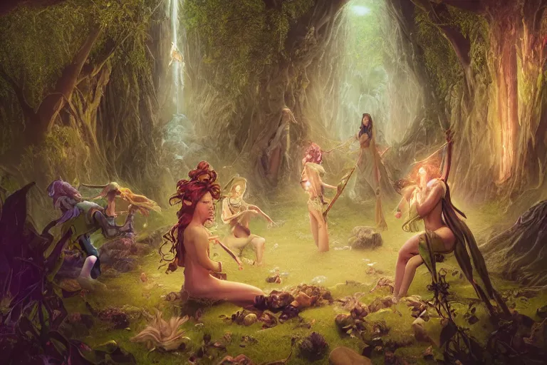 Image similar to the muses. a sacred stone circle, rivendell, the garden of eden, sacred singers they who took up the strings of the deep, and turned the cacophony of an angry world into songs of unity and peace. morning lighting hopeful, cinematic fantasy painting, dungeons and dragons, jessica rossier and brian froud