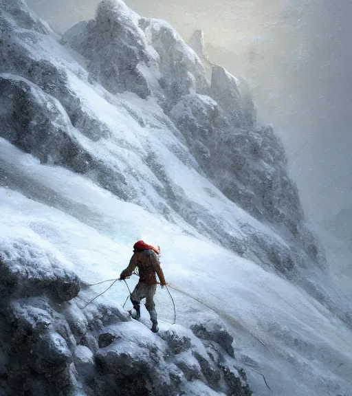 Image similar to a climber climbs a snowy mountain in a storm, close view, painting by craig mullins, octane rendering, soft morning lighting, wide angle lens, in the style of hayao miyazaki, trending on artstation,