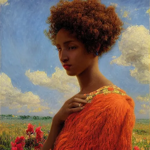 Prompt: east african woman with curly hair, simple background, fedosenko roman, j. w. godward, jose miguel roman frances, intricate details, countryside, dreamy, impressionist, figurative