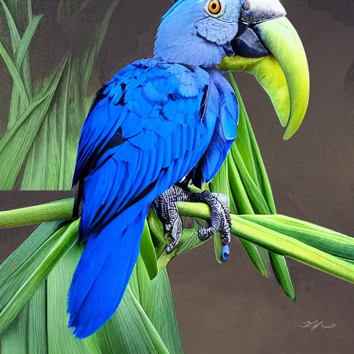 Image similar to small hyacinth macaw on the shoulderof a bigger hyacinth macaw, digital art, 4 k, highly detailed