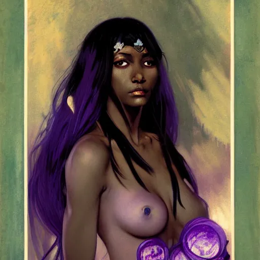 Image similar to half length portrait of a beautiful female drow elf warlock, black skin, violet magic, royo, klimt, miro, vallejo, frazetta, alphonse mucha, greg rutkowski, whealan