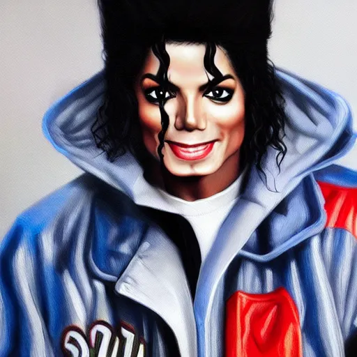 Image similar to an oil painting of a michael jackson wearing a old school highschool hiphop jacket, by artgerm, hd, hdr, ue 5, ue 6, unreal engine 5, realistic anime 3 d style, cinematic 4 k wallpaper, 8 k, ultra detailed, gta cover art, high resolution, artstation, award winning