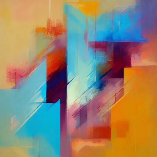 Image similar to Beautiful creature built from geometric shapes. Rough brushstrokes. Rough background. Colourful but muted scheme. Abstract. Painting by Pavel Lizano (2018)