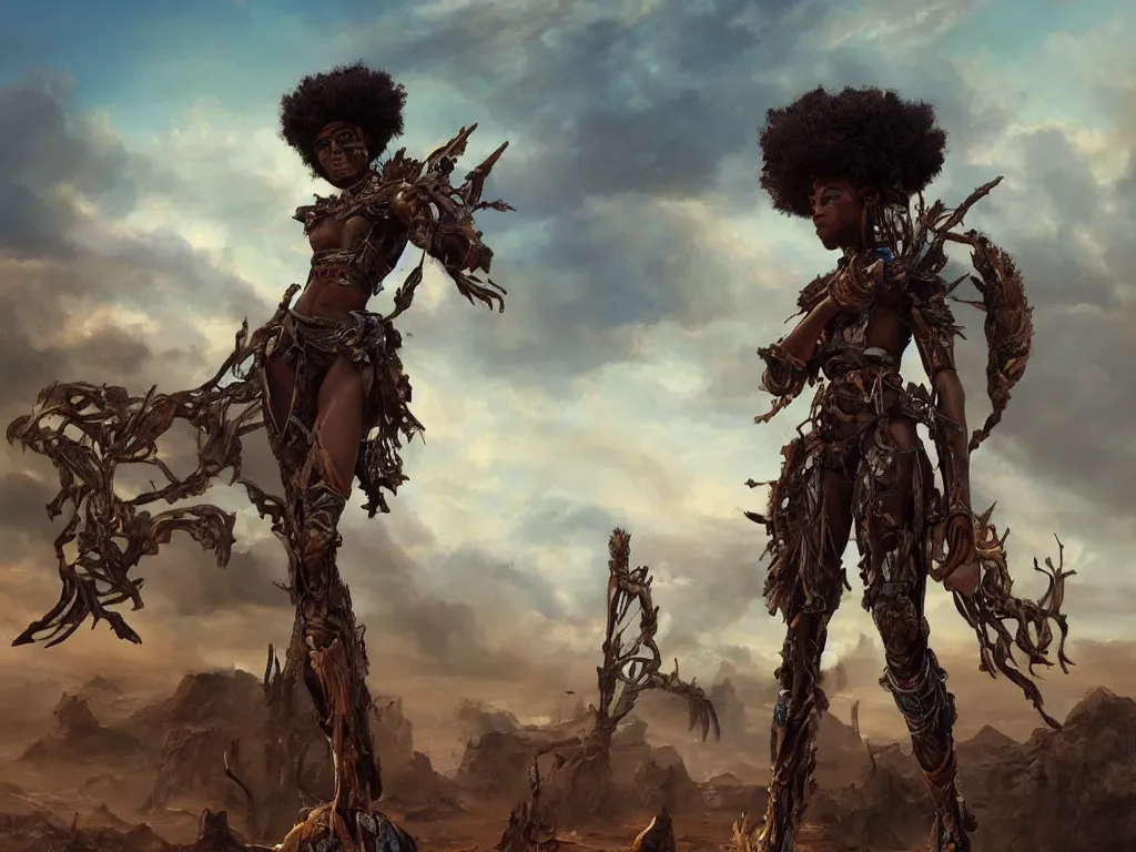 Prompt: a beautiful oil on canvas of an afrofuturistic warrior, beautiful, detailed, stunning. post - apocalyptic landscape in the background, epic sky, vray render, artstation,, pinterest, sci - fi, afrofuturism, 5 0 0 px models