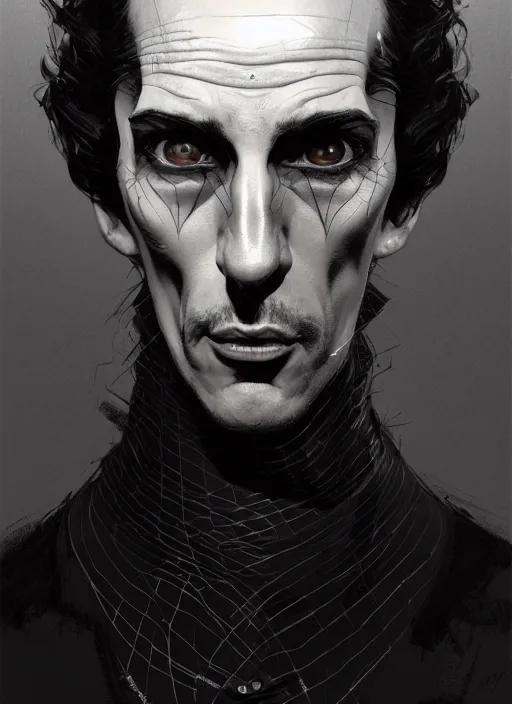 Image similar to portrait of a strange man with a crooked nose and a confident expression, 1 9 6 0 s, black clothes, goth, punk, funk, intricate, elegant, highly detailed, digital painting, artstation, concept art, smooth, sharp focus, illustration, art by wlop, mars ravelo and greg rutkowski