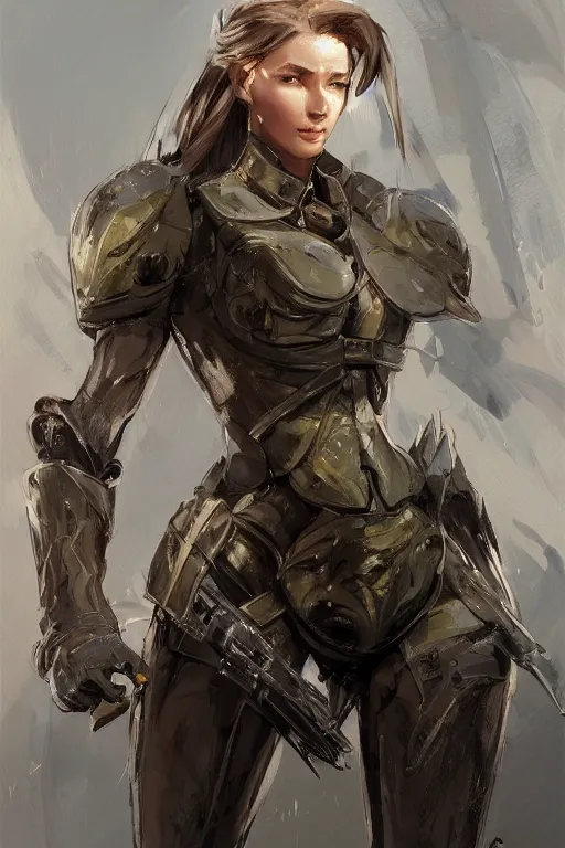 Image similar to a professionally painted portrait of an attractive young woman, clothed in military armor, olive skin, long dark hair, beautiful bone structure, symmetrical facial features, intricate, elegant, digital painting, trending on Artstation, concept art, smooth, sharp focus, illustration, from Metal Gear by Ruan Jia and Mandy Jurgens and Artgerm and William-Adolphe Bouguerea, award winning