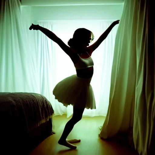 Prompt: cute girl wearing white dancing joyfully in her bedroom at night, cyberpunk lighting, photographed by annie leibovitz