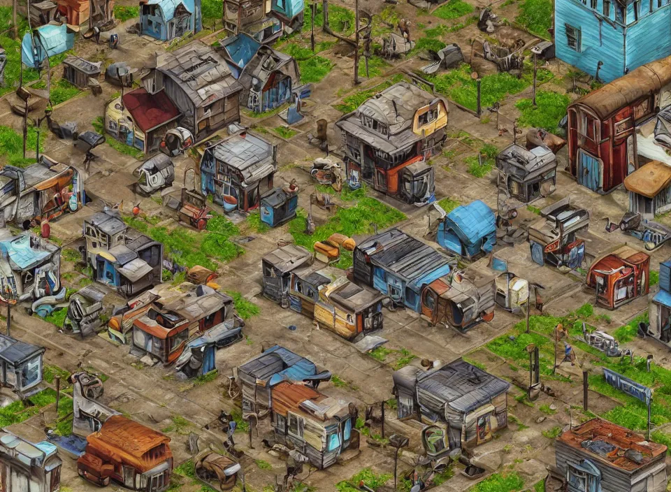 Image similar to Screenshot of a modern Polish village in Fallout 2 (1998), isometric perspective, postapocalyptic, bird's eye view, prerendered isometric graphics, high quality