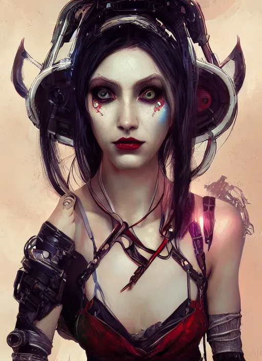 Image similar to a beautiful illustration of cyberpunk elven harley quinn, black hair, intricate, sharp focus, illustration, highly detailed, digital painting, concept art, matte, art by wlop and artgerm and greg rutkowski and alphonse mucha, masterpiece