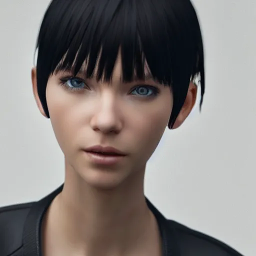 Image similar to « portrait, attractive, blue eyes, black hair, middle length hair, ghost in the shell, front view, unreal engine 5 »