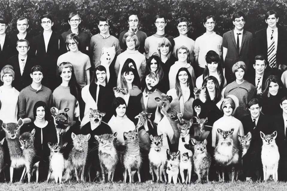 Image similar to A 1960s yearbook photo with animals dressed as humans .