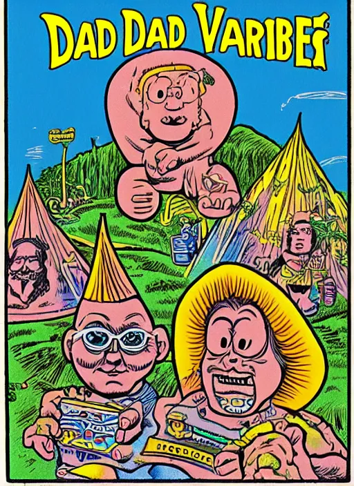 Prompt: dadcore wizards on vacation by basil wolverton and robert crumb in the style of a garbage pail kids card, tarot card, play - doh