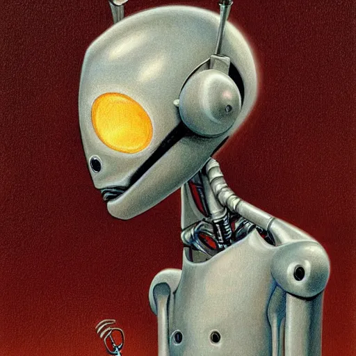 Image similar to a skinny outdated awkward robot with joints that creak and a triangular head with 2 antenna, painting by Ed Binkley