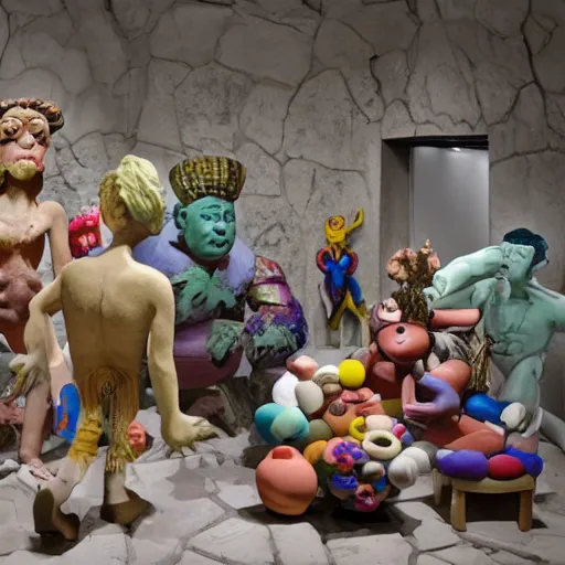 Prompt: a claymation film still of a collection of stone / animism / ethnographic museum / claymation by jeff koons